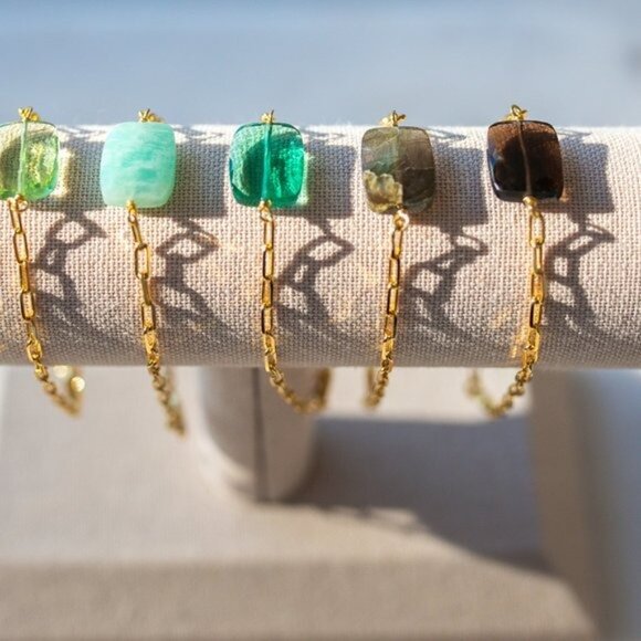 Green Apatite Gemstone Bracelet Gold Paperclip Chain Bracelet BEAUTIFUL - Picture 5 of 6